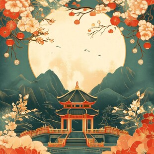 中式山水亭阁月夜美景图