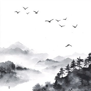 水墨山水间飞鸟翱翔图