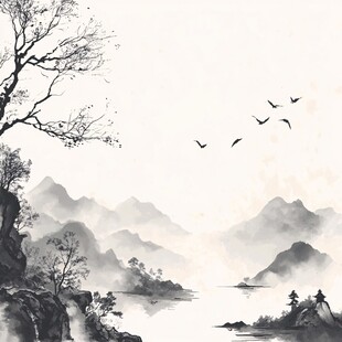 水墨山水间飞鸟伴孤树