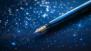 蓝色钢笔置于闪耀背景中