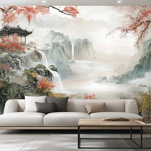 中式山水客厅背景墙装饰图