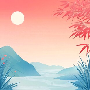 夕阳下的山水竹林美景
