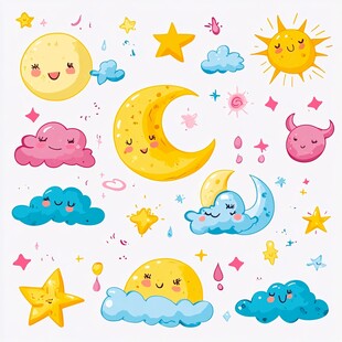 可爱日月云星卡通元素集合