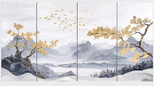 秋景山水图 飞鸟银杏树