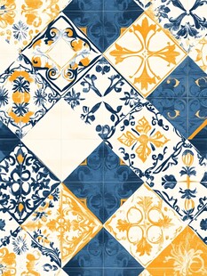 蓝黄几何花纹复古瓷砖图案