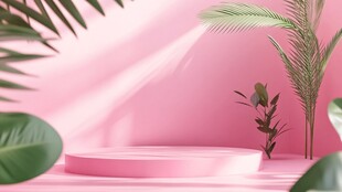粉色场景中的植物与展示台