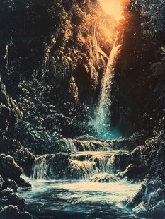 梦幻瀑布下的光影奇景