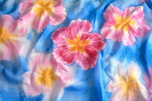 蓝底缤纷花朵印花布料