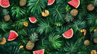 夏日热带水果与绿叶图案