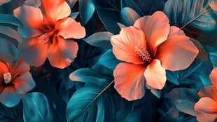 橙红扶桑花与绿叶插画