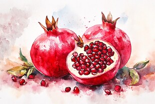水彩画中的饱满红石榴
