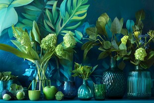 蓝绿背景下的清新绿植花束