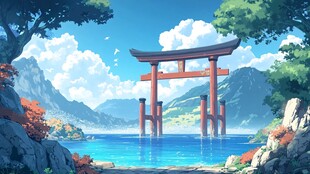 梦幻日式鸟居山水风景图
