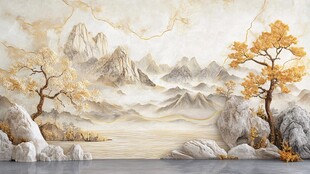 金色山水景 双树立江畔