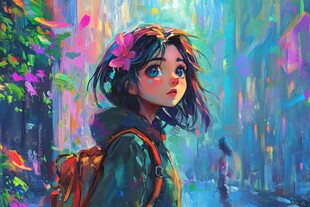 雨中漫步的梦幻背包少女