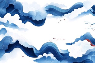 蓝白云海间飞鸟伴浪行