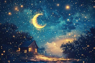 梦幻月夜下的静谧小屋