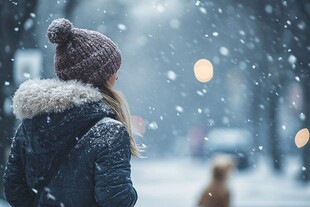 雪中独行的女子与宠物狗