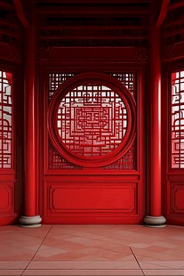 中式红门窗棂的典雅景致