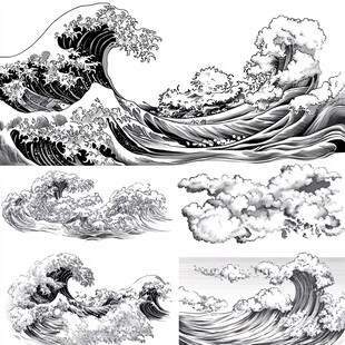 黑白海浪插画集合
