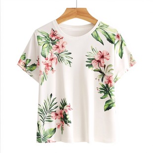 花卉印花白色短袖T恤