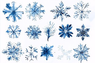 蓝色水彩雪花图案集合