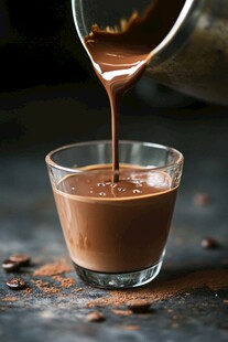 巧克力酱倾注玻璃杯瞬间