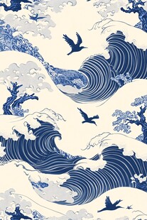 日式海浪飞鸟传统图案