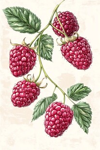 手绘树莓图 鲜嫩果实与绿叶
