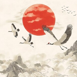 红日仙鹤翔于山川云海间