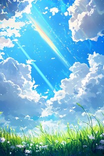 梦幻蓝天草地间的彩虹