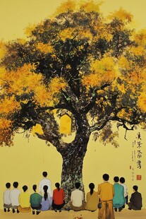 树下众人静赏金色大树