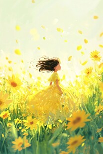 少女漫步金黄花海中