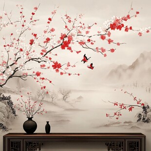 红梅双鹊中式雅致背景图