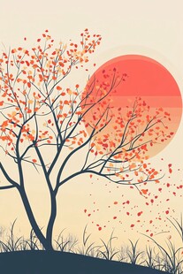 秋日夕阳下的孤独树木