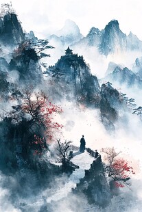 水墨山水间的独行者