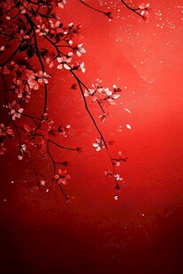 红底绽放的唯美樱花枝