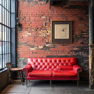 复古红沙发搭配砖墙空间