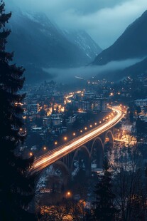 山间夜城 公路灯火与雾景