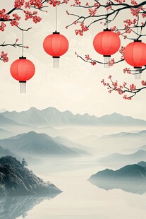 山间红灯笼映春景