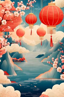 新春山水间的红灯笼美景