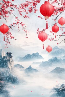 红灯笼映山水春景图