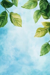 蓝底绿叶水彩风背景图