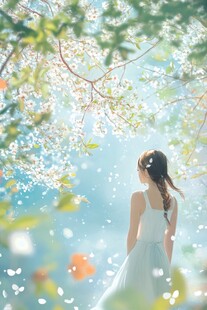 少女漫步于烂漫樱花树下