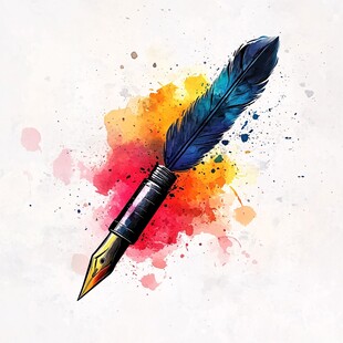 彩色水彩背景下的羽毛钢笔