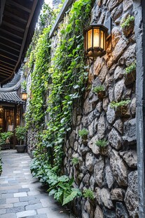 石墙藤蔓间的中式庭院夜景