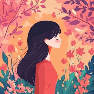 花丛中的长发女孩