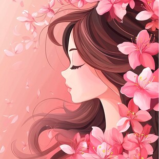 樱花环绕的柔美少女侧颜