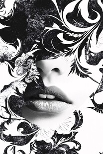 黑白花卉掩面的神秘女性