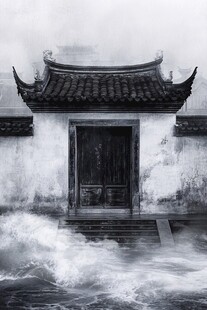 水墨中式建筑与汹涌潮水